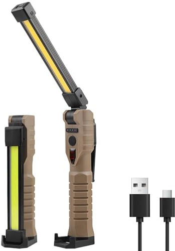 LIAISIMI LED lámpara de trabajo lámpara de taller,lámpara de trabajo plegable de 180 ° con imán y ganchos y pinzas,3 laterales 7 luz mod,para taller auto reparación camping (EU-FT20-brown-1)