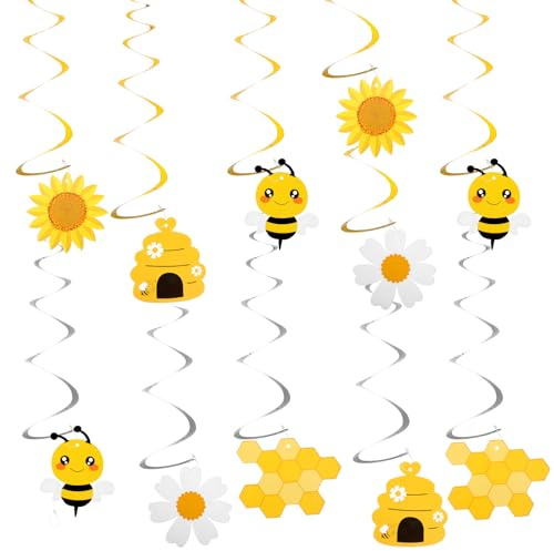 20 Stück Luftschlangen Gold Silber Bienen Deckenhänger Spiral Sonnenblumen Deko, Goldene Luftschlangen Geburtstag Girlande Party Waben Hängewirbel für Geburtstag Partys Hochzeit Deko
