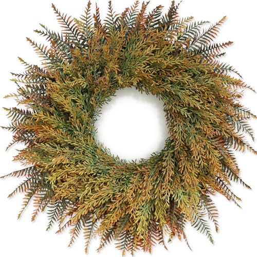 26 Large Artificial Fern Leaves Fall Wreath for Front Door (Orange-Green) | Full & Lifelike Fake Fern Leaves with Wheat Grass Autumn Wreath, for Porch Window Outdoor Harvest & Thanksgiving Home Decor
