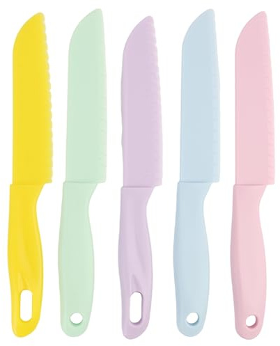 GodtKowty 5 Pieces Kids Kitchen Knife Set, Toddler’ Plastic Kitchen Knife Set - Kids Safe Cooking Knives, Cake, Bread, Lettuce Knife ， for Little Hands Learning Culinary Skills