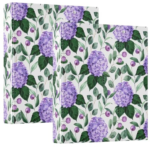 Lot de 2 classeurs A4 avec 200 feuilles d'hortensia violettes et feuilles d'eucalyptus à 3 anneaux en D pour enfants, fournitures scolaires, femmes et hommes
