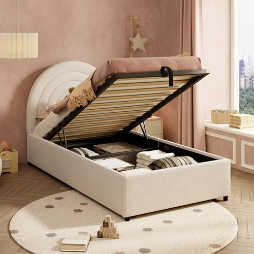 Miyemo Single Bed Frame with Storage, 3ft Upholstered Ottoman Bed with Headboard & Hydraulic for Adults & Teenagers, Boucle, 90x190cm, Beige, (No Mattress)