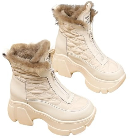 ROEUIPG 8,5 cm Abajo Cuero Mujeres cálido Otoño Invierno Moda Tacones Plataforma de Felpa cuña Primavera señoras Botines Zapatos(Beige,38)