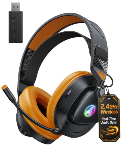 Awinnasey PH3 Kabelloses Gaming Headset für PS5, PS4, PC,Bluetooth-Kopfhörer mit 50 Stunden Akku, Gaming-Headset mit Mikrofon mit Geräuschunterdrückung,RGB Licht, Hellorange