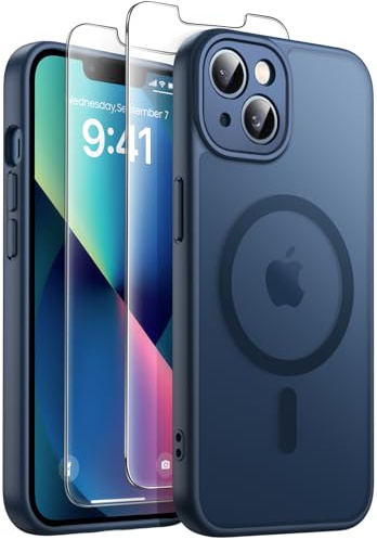 FLLAO for iPhone 13 Case, Magnetic Bumper Phone Case with 2 Tempered Glass Screen Protector, Full Camera Protection, Military-Grade Shockproof, Slim Translucent Matte, Darkblue | 2 Tempered Glass, Full Camera Protection, Military-Grade Shockproof, Slim Translucent Matte Hard Back Bumper Phone Cover