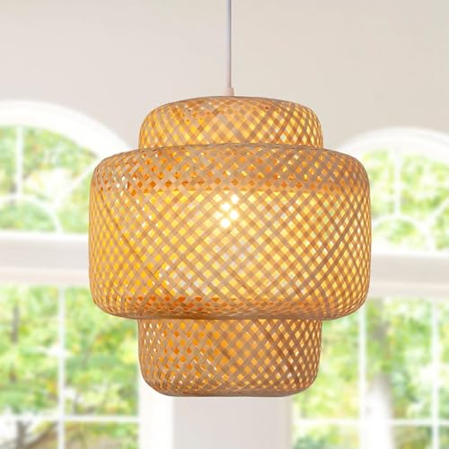 COOINJOY Bambus Pendelleuchte, D40CM Natürliche Gewebte Hängeleuchte, E27 Fassung, Elegantes Design für Wohnzimmer, Küche, Schlafzimmer, Gitterstruktur(keine Glühbirne)