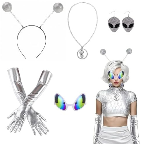 CHUANFU 5 Stück Alien Kostüm Damen Set, Space Kostüm Outfits für Erwachsene | Alien Haarreif Brille Handschuhe Ohrringe Halskette, Glitter Alienkostüm für Halloween Cosplay Maskerade Karneval, Silber