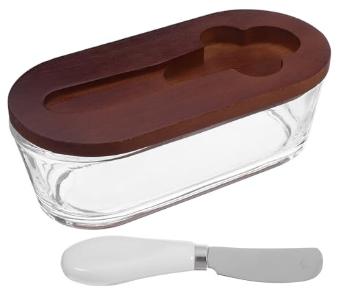 TOGEVAL Boîte à Beurre avec Couvercle et Couteau Intégré Rangement Étanche pour Beurre et Fromage Bois Verre et Inoxydable Plateau Rectangulaire pour Cuisine et Frigo
