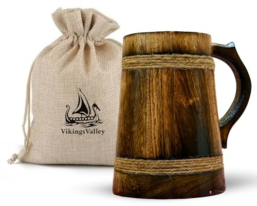 Viking Horn Mug Wooden Beer Tankard with Handle 17–18 oz – Handmade Viking Drinking Mug for Beer, Ale & Mead – Rustic Norse Medieval Mug