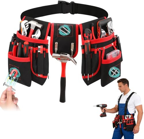 Cintura porta attrezzi Borsa da Cintura Con 26 tasche, Borse Porta Attrezzi Magnetiche per Uomo, Borse da Cintura Rimovibili Borsa Porta Attrezzi (Cintura porta attrezzi con 26 tasche rossa)