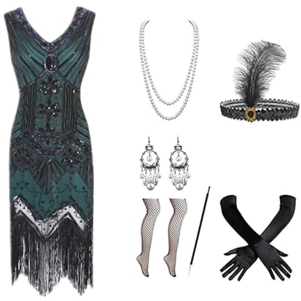 Generisch 20er Jahre Kostüm Damen, Flapper Kleid Elegantes Vintage Outfit mit Federboa, Kopfschmuck & Perlenkette, Komplettes Art Deco Verkleidungsset für Karneval, Mottoparty