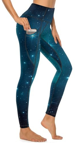 Zaaprint High Waisted Yoga Pants for Women Galaxy Workout Leggings with Pockets Tummy Control Exercise Tights L