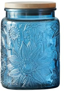 Hocadrv Barattolo di vetro vintage con coperchio in legno, 700 ml, barattolo decorativo da cucina per caffè, caramelle, tè e biscotti (blu)