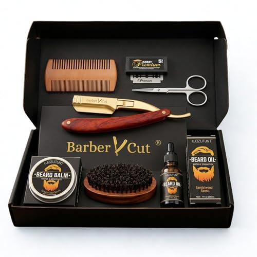 Herren-Rasier-Set/Pflege- und Styling-Set – Geschenkset – traditioneller Rasierer für Bartpflege mit Öl – Bürste – Kamm – Balsam – Schere