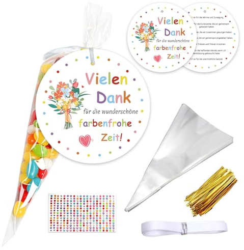 Solivive 15 Stück Abschiedsgeschenk Erzieherin, Abschiedsgeschenk Kindergarten, Danke Anhänger Runde Anhänger mit Band, Tüten und Glitzersteinen, Geschenk Erzieherin Abschied