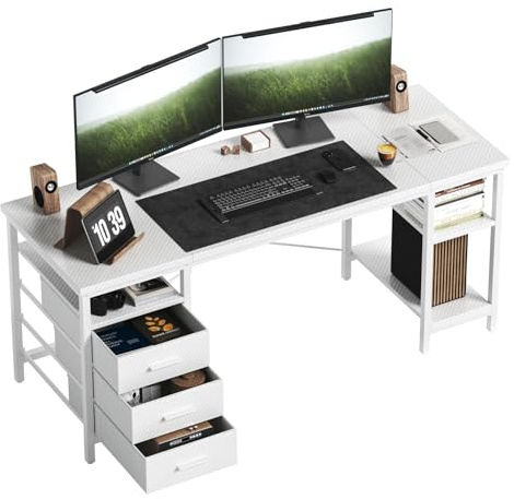 HOMRELEXA Computertisch, Schreibtisch mit 3 Schubladen und 3 Justierbaren Regalen, 140x60x75cm Umkehrbarer PC Tisch, Bürotisch Moderner Stil, für Büro Arbeitszimmer Schlafzimmer Wohnzimmer, Weiß