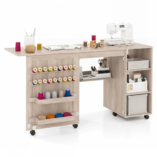 COSTWAY 2 in 1 Nähmaschinenschrank klappbar Schreibtisch, multifunktionale Nähmaschinentisch mit Ablageflächen, 18 Klammern und versteckten Behältern, Nähtisch mit feststellbaren Rollen, Natur