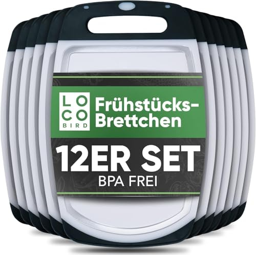 Loco Bird 12er Set Frühstücksbrettchen aus BPA freien Kunstoff - 22x14cm - Spülmaschinenfest - Schneidebretter mit rutschfesten Griff - Brettchen - Antibakterielles Frühstücksbrett