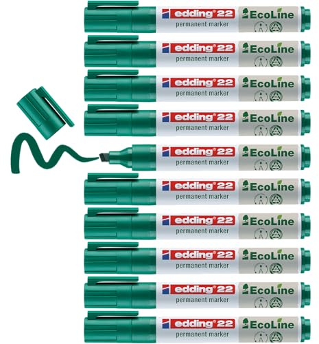 edding 22 Ecoline permanent marker - green - box of 10 - chisel tip 1-5 mm - waterproof, quick-drying, smear-proof pens - for cardboard, plastic, glass, wood, metal and fabric - refillable