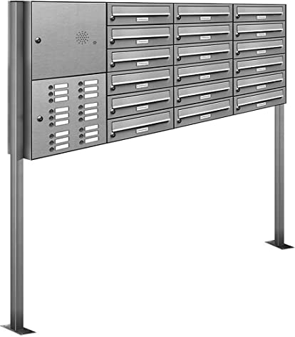 AL Briefkastensysteme 18er V2A Edelstahl Stand Briefkasten mit Klingel rostfrei als 18 Fach Briefkastenanlage DIN A4 in Postkasten Design modern
