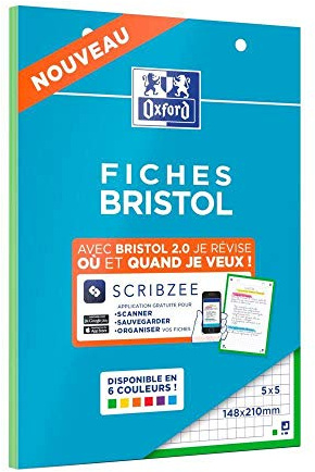 Oxford Bloc de FICHES BRISTOL 2.0 Perforées 148 x 210 mm Petits Carreaux 5 x 5 mm 30 Fiches Cadre Vert 400100552