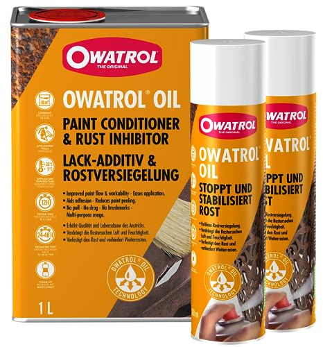 OWATROL | OIL Set Rostschutzlack 1 L + Spray 2 x 300 ml | Farblos & tiefenwirksam | Stoppt Rost & schützt Oberflächen aus Metall Kunststoff Glas & Holz dauerhaft