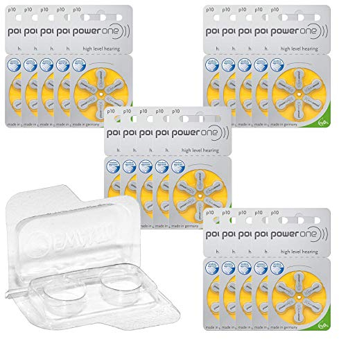120x Power One p10 Hörgerätebatterien 20x6er Blister PR70 Gelb 24610 + Aufbewahrungsbox für 2 Hörgerätebatterien (10, 13, 312, 675), Batteriebox für 2 Knopfzellen bis 12 mm x 6 mm (Ø x H)