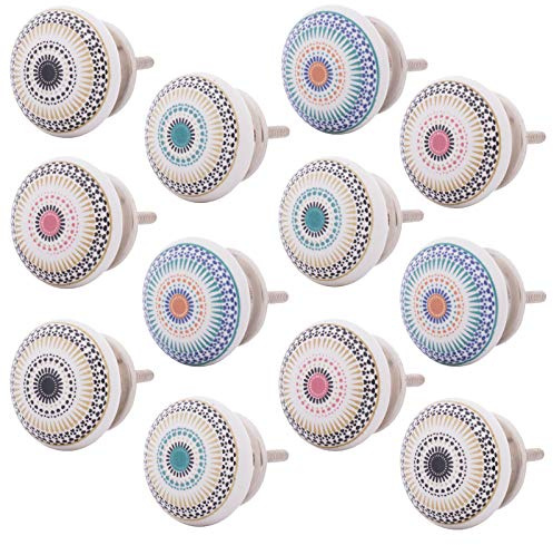 Knober Keramik-Möbelknöpfe Mandala-Designs 40mm Landhausstil Shabby-Chic Schrankknopf Türgriff (01. Mix-Set 12 Stück)