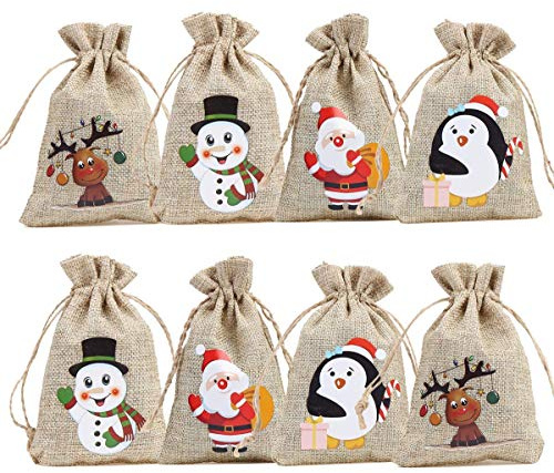 CCINEE 36 x Weihnachts-Geschenktüten aus Leinen mit Kordelzug, Weihnachts-Geschenktüten mit doppelten Jute-Kordeln, 4 Designs, Schneemann, Weihnachtsmann, Pinguin und Rentier
