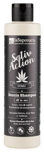 La Saponaria | Doccia Shampoo All in one, Doccia Shampoo per corpo, viso e capelli ad azione purificante ed energizzante a base di Cannabis Sativa, Aloe Vera e Caffeina, 200ml