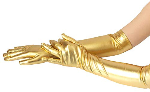 JIHUOO Sexy Elastic Shiny Wet Look Long PU Leather Gloves - Evening Party Gloves for Women - Golden