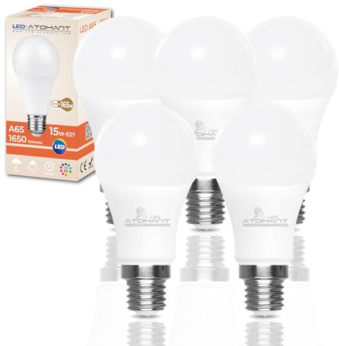 LED ATOMANT Packung mit 5 LED-Lampe E27 A65 15W, Warmweiß (3000 K), 1650 Lumen, Großer Schraubsockel, Entspricht 165W, Nicht dimmbar