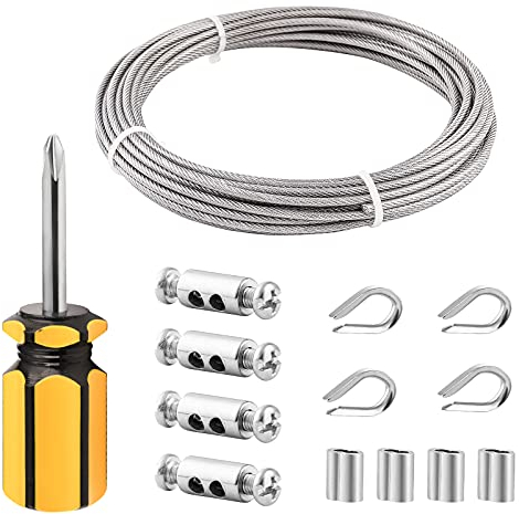TooTaci 3mm Wire Rope Kit, 10M PVC Coated Stainless Steel Cable, Indoor Curtain Wire with M3 Thimbles, Crimp Sleeves & Carbon Steel Clamps, Ideal for Picture Hanging and Indoor Light Suspension