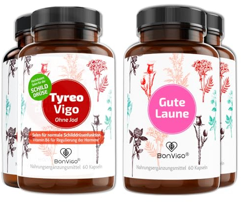 BonVigo® DUO TOP REZEPTUREN - 2x SCHILDDRÜSE / 2x GUTE LAUNE* - 240 Kapseln | Ideale Ergänzung im DUO - *Beitrag zu normaler Funktion der Schilddrüse (Selen) und von Psyche, Nervensystem (Vitamin B6)