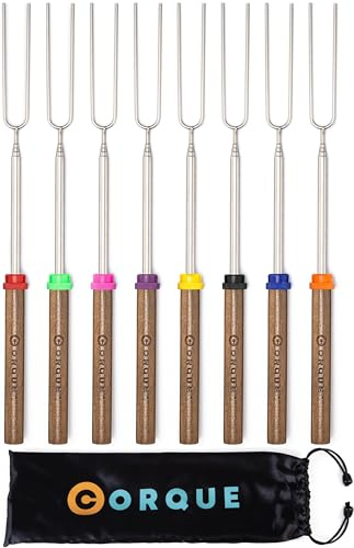 CORQUE Marshmallow Roasting Sticks, Smores Sticks, Extendable, Camping Skewer for Fire Pit, Wooden Handle, 32inch Metal for BBQ Hotdog, Cooking, Campfires, Bonfires, Set of 8