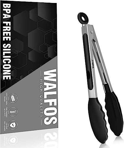 Kitchen Tongs, Walfos Silicone Tongs, Smart Padlock, Cooking Tong with Non-Slip Silicone Grips, BPA Free Food Tongs, Bread Tong, Salad and Serving Tongs - 7in