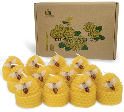 Lacaser Juego de velas pequeñas de colmena a granel con decoración de abeja pequeña, juego de velas votivas amarillas de cera de abeja natural, caja de regalo, paquete de 12 unidades, sin perfume, sin