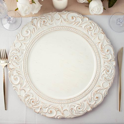 Efavormart 6-Pack Antique White Gold Baroque Charger Plates - 14 Round Underplates with Engraved Rim for Shabby Chic Weddings and French Country Events