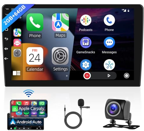 Hodozzy Autoradio 10,1 Zoll 2GB+64GB Kabelloses Carplay Wireless Android Auto, Radio Android mit Navi Touchscreen 2 Din Bluetooth HiFi GPS Navigation WiFi FM RDS Radio Car Stereo, Rückfahrkamera