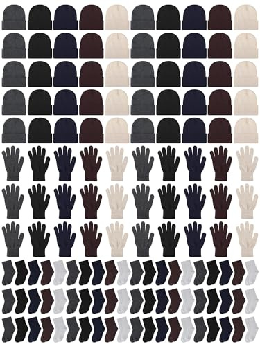 Suhine 150 Pcs Bulk Homeless Supplies Winter Beanies Gloves Socks Set Warm Care Package Homeless Kits for Cold Weather Items(Classic Colors)