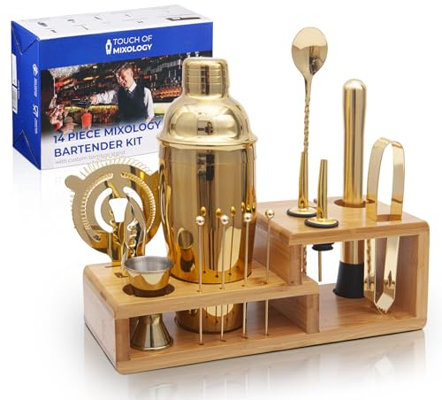 Touch of Mixology Kit de camarero con coctelera, elegante soporte de bambú, vertedores de licor para una experiencia perfecta de mezcla de bebidas, juego de coctelera de 14 piezas (dorado)