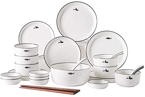 Dishes/Plate/Bowl Set,Ceramics Dinnerware Sets Modern Bird and Fish Pattern Plates and Bowls Microwave and Dishwasher Safe, 32 Pieces Set