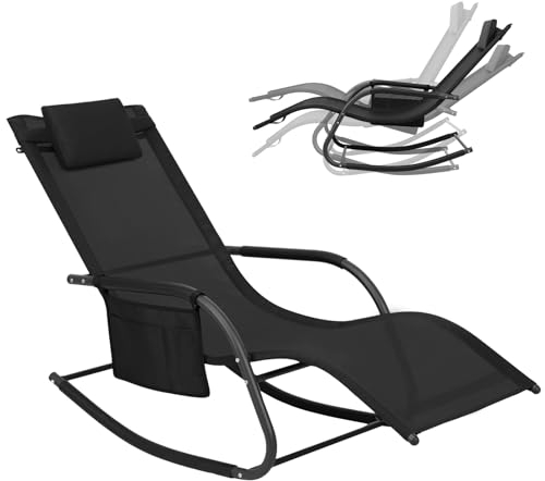 WOLTU Liegestuhl Sonnenliege wetterfest, Gartenliege Schwungliege Outdoor, Relaxsessel Garten bis 150 kg, Relaxliege mit Abnehmbarer Kopfstütze, für Garten und Balkon, Schwarz