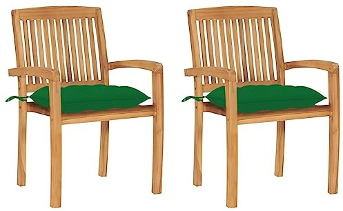 CKioict Stapelstuhl Bistrostuhl Balkonmöbel Gartenstühle 2 STK. mit Grünen Kissen Massivholz Teakfür Gärten, Pools, Terrassen