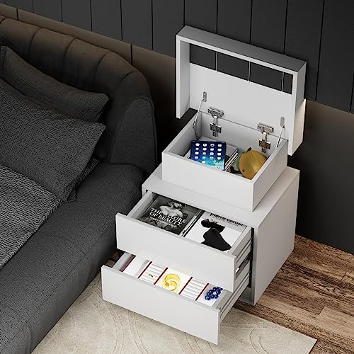 Wohenster Comodino a LED, bianco lucido, comodino in legno, con cassetti e illuminazione in 16 colori, comodino flip top, comodino, adatto per soggiorno camera da letto, 45x35x52 cm