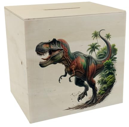 T-Rex Dinosaurier Spardose aus Holz T-Rex Dinosaurier Spardose aus Holz Tyrannosaurus Geldbox prähistorisch Jura Kreidezeit Raubtier Design Fossil-Look