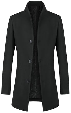 Allthemen Mens Mid Length Trench Coat Winter Overcoat | Mens Stand Collar Wool Blend Overcoat Wedding Business Casual Coat Button Down Thick Outerwear Solid Color Regular Fit