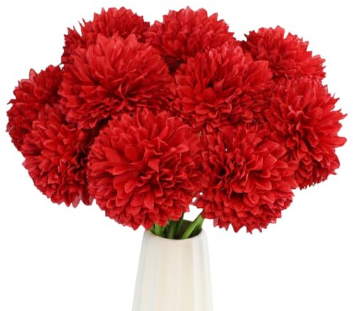 YGbridge Künstliche Chrysanthemen-Blumen, rote Kugelblumen, burgunderrote Herbstblumen für Weihnachten, Herbst, Bauernhaus, Heimdekoration, Blumenarrangement, Tischdekoration (12, Rot)