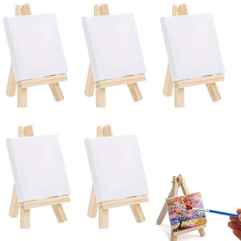 Mini Staffeleien mit Leinwand, 10x10cm Mini Staffelei Set, 5 Stück kleine leinwände, mit 8 x 15 cm Staffelei Kleine, Mini Leinwände, für Display, Fotos, Visitenkarten, Dekoration, Poster Foto Memo