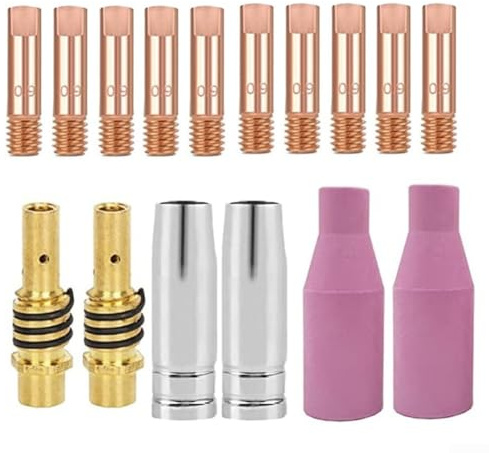 Eawfgtuw MB15 15AK MIG MAG Schweißzubehör-Set – 0,9 mm Kontaktspitzen, Düsen, Halter für Schweißbrenner – 10 Spitzen, 2 Steingutdüsen, 2 konische Gasdüsen, 2 Spitzenhalter